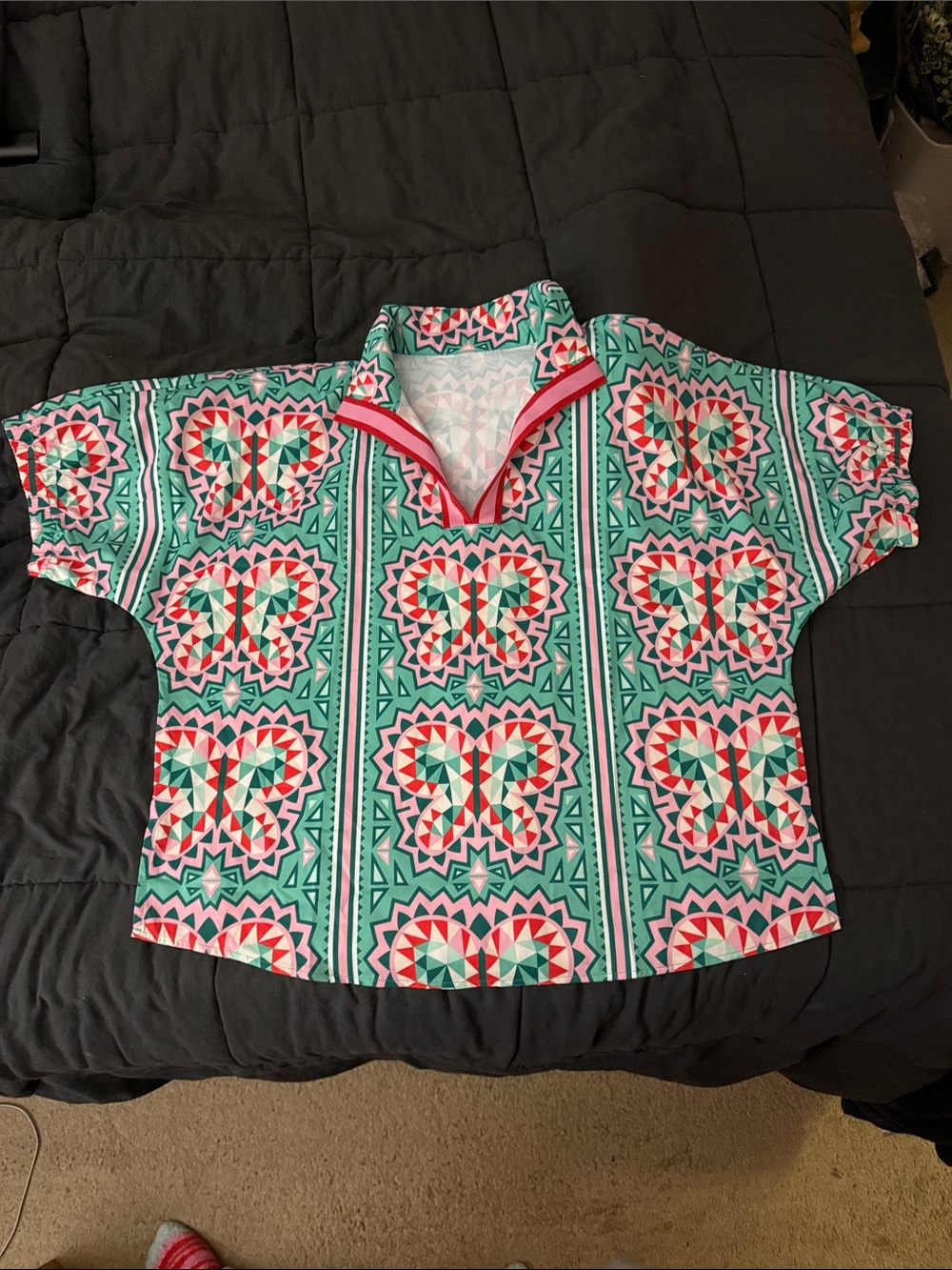 Women’s Blouse in Teal & Coral Floral Geo Print